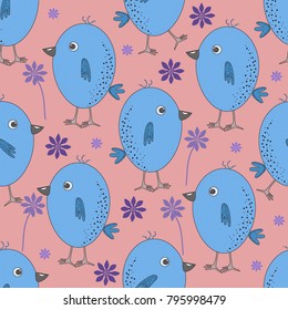 Seamless pattern of blue chicks and flowers on an orange background