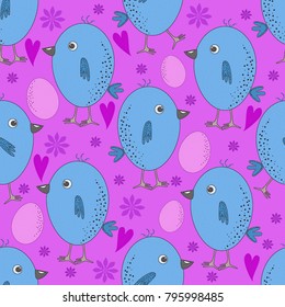 Seamless pattern of blue chicks and flowers, hearts and eggs on a pink background