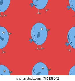 Seamless pattern of blue chicks on a red background