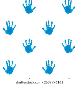 Seamless pattern of blue children's handprints. Vector illustration of chilren's palms on white backgound. International Children's Day