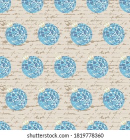 Seamless pattern of blue christmas balls on an unreadable letter background. Female handwriting in ink. Vector illustration.