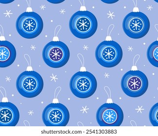 Modelo inconsútil con las bolas azules de la Navidad en un fondo azul claro. Navidades de juguetes, decoración para el árbol de Navidad, copos de nieve. Patrón para el papel de embalaje del año Nuevo, tela.