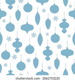 Patrón inmaculado de decoración navideña azul sobre fondo blanco. Decoración de árboles de Navidad de diferentes formas. Ilustración del vector