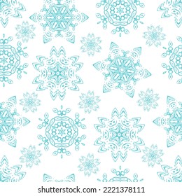 Patrón sin foco con navidades azules copos de nieve sobre fondo blanco. Diseño de moda, tela, textil, papel de embalaje.