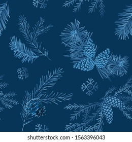 Seamless pattern with blue Christmas tree branches and pine cones on a dark blue background. Winter Christmas banner or greeting card.