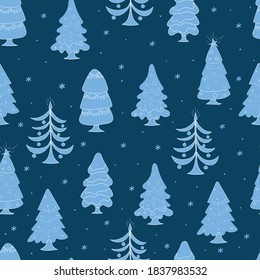 
Seamless pattern with blue Christmas trees decorated with ornaments, cute holiday print, print for Christmas wrappers, fabrics, and wallpapers, greeting cards, vector illustration.