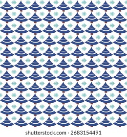 Seamless pattern of blue Christmas trees with turquoise snowflakes on a white background.
