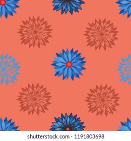 Seamless pattern of blue chrysanthemums flowers on an orange background