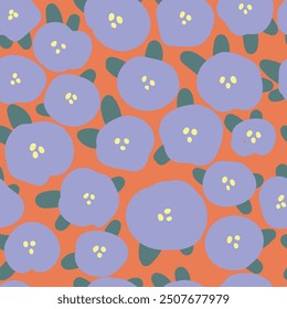 Seamless pattern with blue circle flowers on orange background, vector illustration