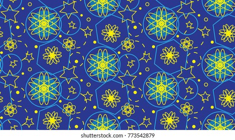 Seamless pattern with blue circles, atoms and stars, canted striped lines.Geometric tile in sientific art style. Vector illusive background, texture. Gala element, kaleidoscope.