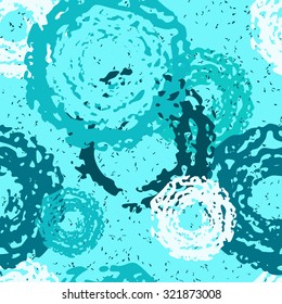 Seamless pattern of  blue circles. Background 6 colors. Drawing circles on the water from the rain. Radial shape retro style with grunge.Rapport from small parts, for print tissue, wrapping, textile.
