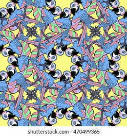 seamless pattern with blue circles dancing fun Caribbean parrot vector illustration