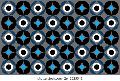 padrão contínuo com círculos azuis. Fundo batik indonésio dinâmico misturando elementos florais e estilo étnico. Contrastes ousados e motivos oftalmológicos criam uma fusão tradicional moderna. Design floral