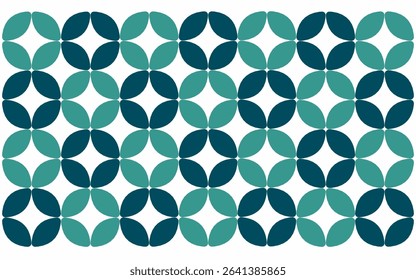 seamless pattern with blue circles. Modern geometric pattern resembling an abstract Indonesian Batik Ceplok, featuring interlocking teal and dark blue petal shapes on a clean white background