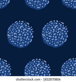 Seamless pattern with blue circles on dark blue background. Vector design for textile, backgrounds, clothes, wrapping paper, web sites and wallpaper. Fashion illustration seamless pattern.