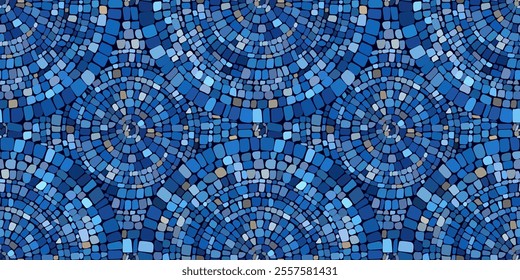 Seamless pattern blue Circular Mosaic. Decorative Antique Stone Ornament.