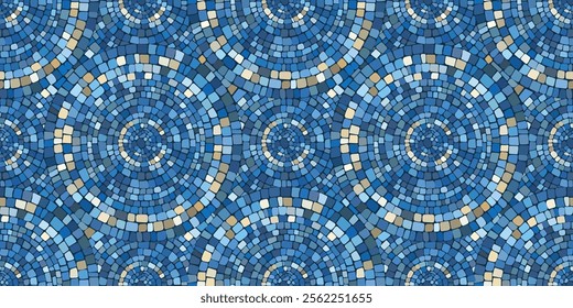 Seamless pattern blue Circular Mosaic. Decorative Antique Stone Ornament.
