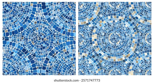 Seamless pattern blue Circular Mosaic. Decorative Antique Stone Ornament.