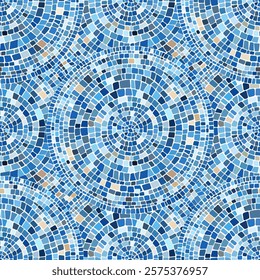 Seamless pattern blue Circular Mosaic. Decorative Antique Stone Ornament.