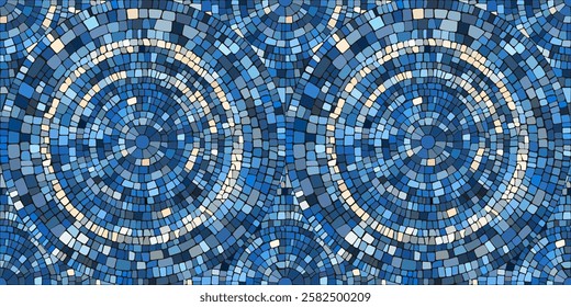 Seamless pattern blue Circular Mosaic. Decorative Antique Stone Ornament.