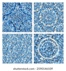 Seamless pattern blue Circular Mosaic. Decorative Antique Stone Ornament.