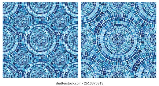 Seamless pattern blue Circular Mosaic. Decorative Antique Stone Ornament.
