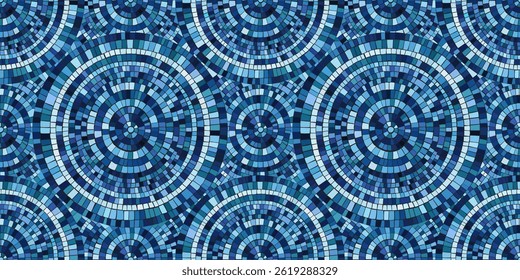 Seamless pattern blue Circular Mosaic. Decorative Antique Stone Ornament.