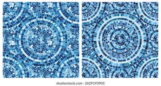Seamless pattern blue Circular Mosaic. Decorative Antique Stone Ornament.