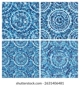 Seamless pattern blue Circular Mosaic. Decorative Antique Stone Ornament.