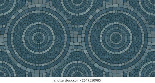 Seamless pattern blue Circular Mosaic. Decorative Antique Stone Ornament.