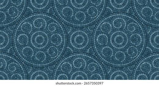 Seamless pattern blue Circular Mosaic. Decorative Antique Stone Ornament.