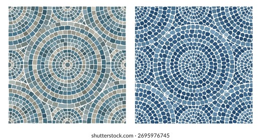 Mosaico circular azul padrão contínuo. Ornamento de Pedra Antiga Decorativo.