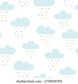 Seamless pattern with blue clouds and colorful rain drops on white background.
