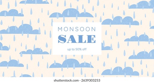 Seamless Pattern of Blue Clouds and Raindrops with Central Monsoon Sale Text. Hand Drawn Flat Vector Illustration for Rainy Season Promotion Poster, Banner, Wrapping or Background Design.