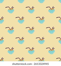 Seamless pattern with blue coconuts and straws in flat cartoon vector style on yellow background. Great for tropical drinks and summer-themed designs.