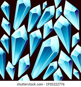 Seamless pattern blue color big shine mineral ore flat vector illustration on dark background cartoon style design item for games