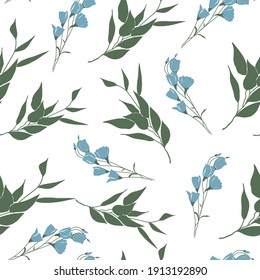Patrón sin foco con flores de color azul y ramas verdes frescas de hojas