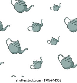 Seamless pattern with blue color teapots