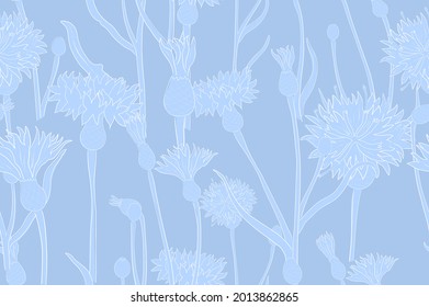 Seamless Pattern with Blue Colored Cornflower with white outlines. Hand drawn, overlapping shapes of the cornflowers placed on dark blue background. Seamless Pattern for Print, Packaging, Web Usage.