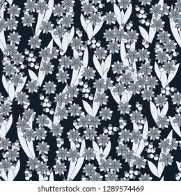 Seamless pattern in blue colors with floral ornament. Delicate floral print for textiles. Vector illustration.
