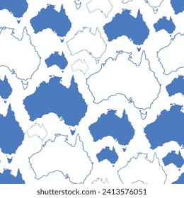 Seamless pattern of blue continents of Australia in outline and flat on a white background