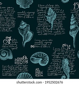 Seamless pattern with blue contour drawings of seashells, seahorse and handwritten text Lorem ipsum on a black background. Vector illustration in retro style. Wallpaper, wrapping paper, fabric