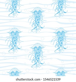 Seamless pattern. Blue contour jellyfish on white backround. Vector graphic illustration.