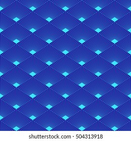 Seamless pattern with blue contours of geometric shapes. Dark blue background.