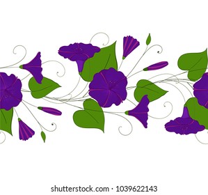 Seamless pattern of blue convolvulus. Garland with bindweed flowers. Morning-glory elegant ornament. floral endless border