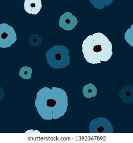 Seamless pattern blue Cornflower flowers on dark background. Simple Bluet wildflowers print. Floral backdrop for fabric textile, wallpaper, banner. Vector design eps 10