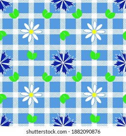 seamless pattern with blue cornflowers and daisies