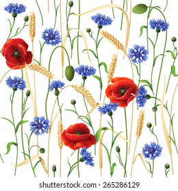 Seamless pattern with blue cornflowers, red poppies and wheat ears  on white.