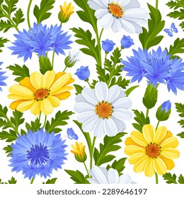 Seamless pattern of blue cornflowers, yellow and white daisy flowers, leaves and buds isolated on a white background. Cute floral botanical decoration. Vector illustration