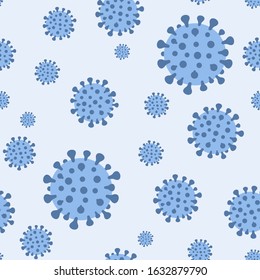 Seamless pattern of blue coronaviruses. MERS-CoV (Middle East respiratory syndrome coronavirus). 2019-nCoV. For web design, packaging, wrapping paper. Vector illustration in flat style